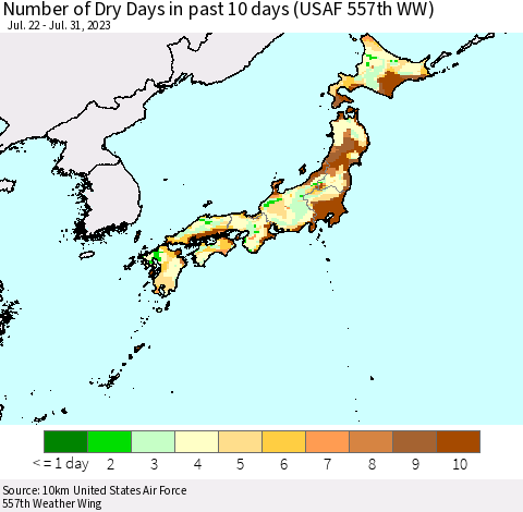 Japan Number of Dry Days in past 10 days (USAF 557th WW) Thematic Map For 7/26/2023 - 7/31/2023