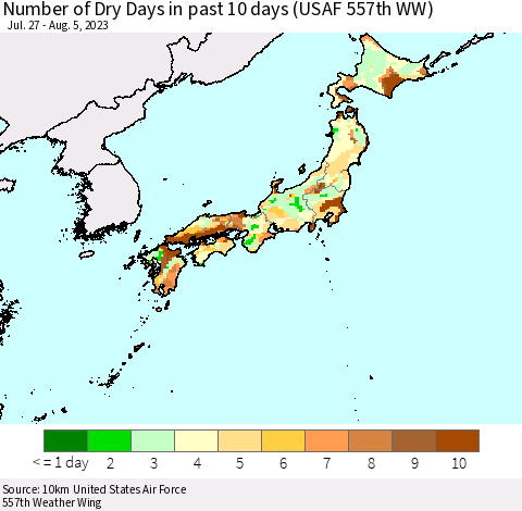 Japan Number of Dry Days in past 10 days (USAF 557th WW) Thematic Map For 8/1/2023 - 8/5/2023