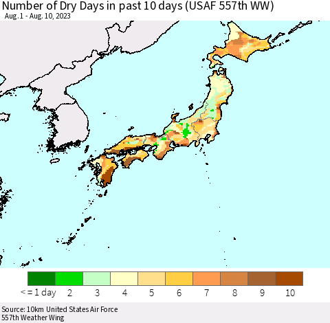 Japan Number of Dry Days in past 10 days (USAF 557th WW) Thematic Map For 8/6/2023 - 8/10/2023