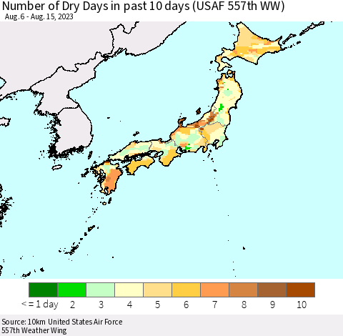 Japan Number of Dry Days in past 10 days (USAF 557th WW) Thematic Map For 8/11/2023 - 8/15/2023
