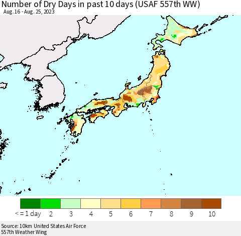 Japan Number of Dry Days in past 10 days (USAF 557th WW) Thematic Map For 8/21/2023 - 8/25/2023