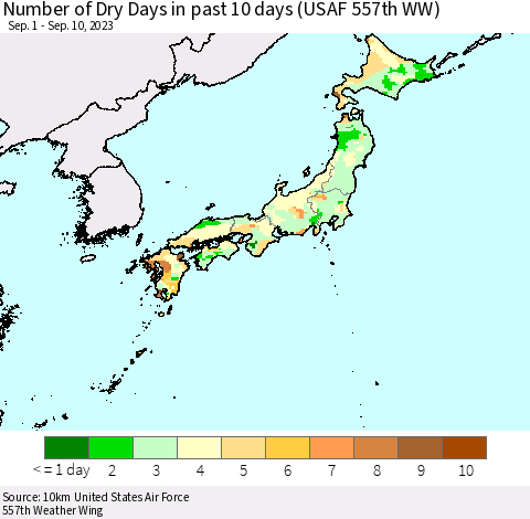 Japan Number of Dry Days in past 10 days (USAF 557th WW) Thematic Map For 9/6/2023 - 9/10/2023