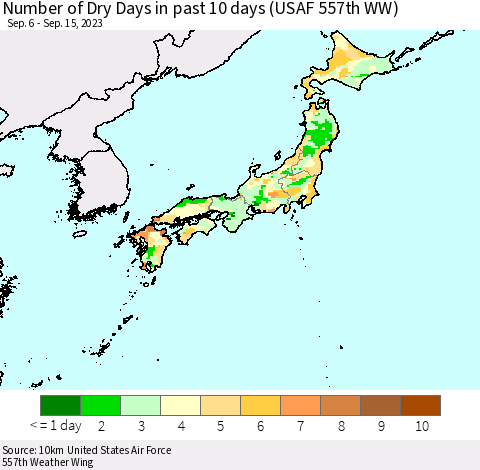 Japan Number of Dry Days in past 10 days (USAF 557th WW) Thematic Map For 9/11/2023 - 9/15/2023