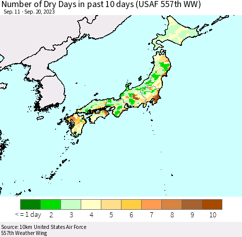 Japan Number of Dry Days in past 10 days (USAF 557th WW) Thematic Map For 9/16/2023 - 9/20/2023