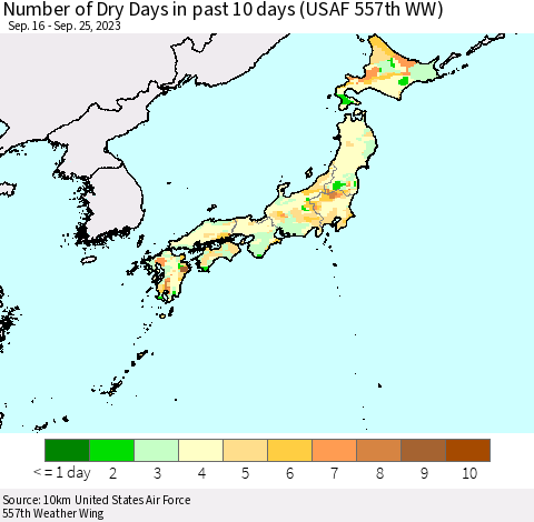 Japan Number of Dry Days in past 10 days (USAF 557th WW) Thematic Map For 9/21/2023 - 9/25/2023