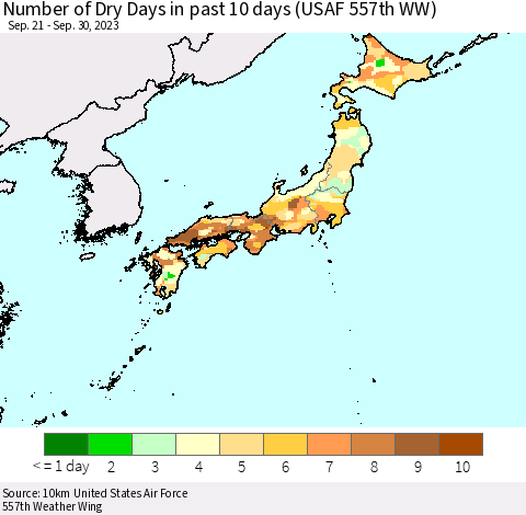 Japan Number of Dry Days in past 10 days (USAF 557th WW) Thematic Map For 9/26/2023 - 9/30/2023