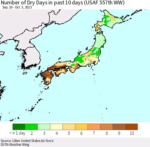 Japan Number of Dry Days in past 10 days (USAF 557th WW) Thematic Map For 10/1/2023 - 10/5/2023