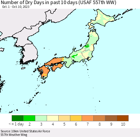 Japan Number of Dry Days in past 10 days (USAF 557th WW) Thematic Map For 10/6/2023 - 10/10/2023