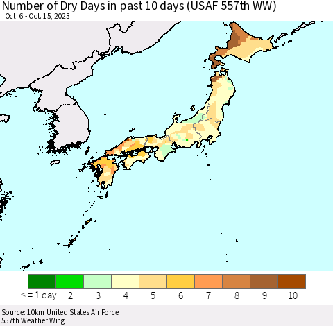 Japan Number of Dry Days in past 10 days (USAF 557th WW) Thematic Map For 10/11/2023 - 10/15/2023