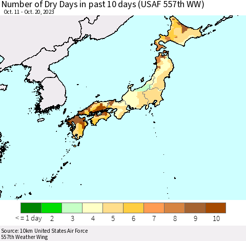 Japan Number of Dry Days in past 10 days (USAF 557th WW) Thematic Map For 10/16/2023 - 10/20/2023