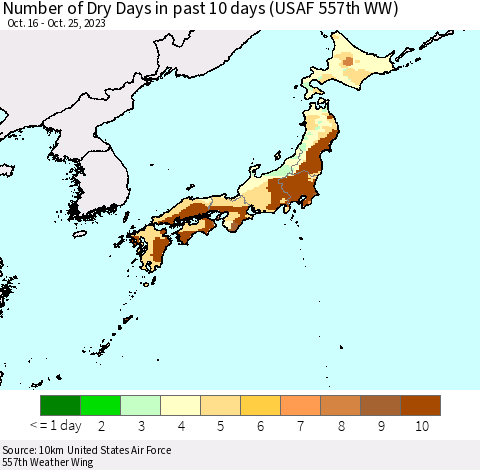 Japan Number of Dry Days in past 10 days (USAF 557th WW) Thematic Map For 10/21/2023 - 10/25/2023
