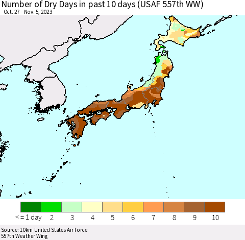 Japan Number of Dry Days in past 10 days (USAF 557th WW) Thematic Map For 11/1/2023 - 11/5/2023