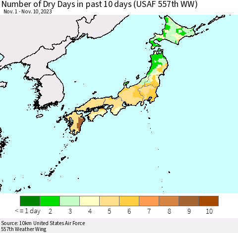 Japan Number of Dry Days in past 10 days (USAF 557th WW) Thematic Map For 11/6/2023 - 11/10/2023