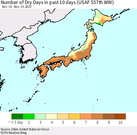 Japan Number of Dry Days in past 10 days (USAF 557th WW) Thematic Map For 11/21/2023 - 11/25/2023