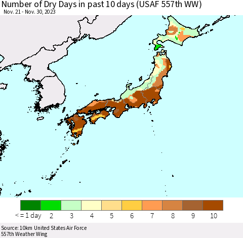 Japan Number of Dry Days in past 10 days (USAF 557th WW) Thematic Map For 11/26/2023 - 11/30/2023