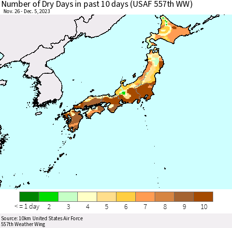 Japan Number of Dry Days in past 10 days (USAF 557th WW) Thematic Map For 12/1/2023 - 12/5/2023
