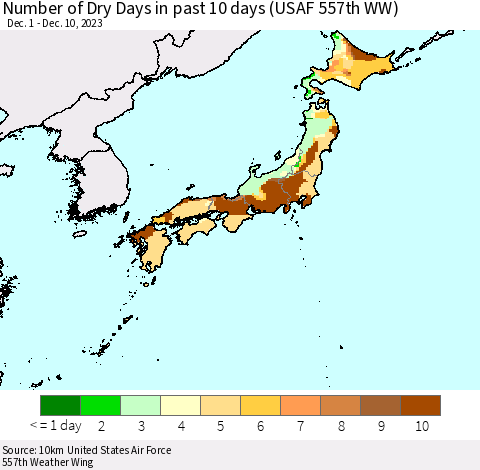 Japan Number of Dry Days in past 10 days (USAF 557th WW) Thematic Map For 12/6/2023 - 12/10/2023