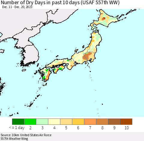 Japan Number of Dry Days in past 10 days (USAF 557th WW) Thematic Map For 12/16/2023 - 12/20/2023