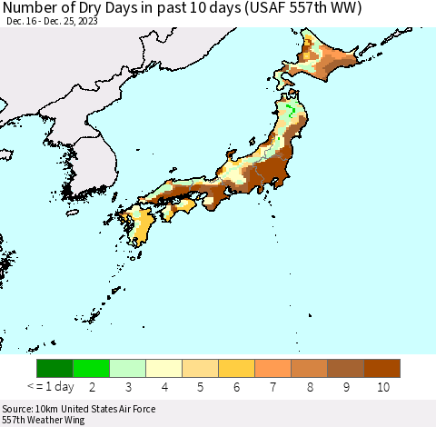 Japan Number of Dry Days in past 10 days (USAF 557th WW) Thematic Map For 12/21/2023 - 12/25/2023