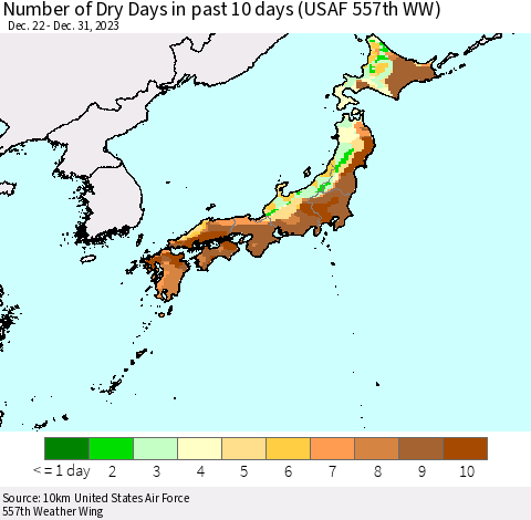 Japan Number of Dry Days in past 10 days (USAF 557th WW) Thematic Map For 12/26/2023 - 12/31/2023