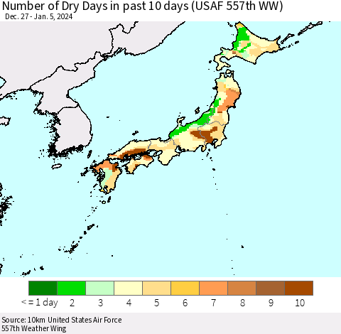Japan Number of Dry Days in past 10 days (USAF 557th WW) Thematic Map For 1/1/2024 - 1/5/2024