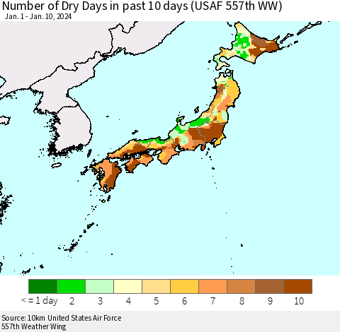 Japan Number of Dry Days in past 10 days (USAF 557th WW) Thematic Map For 1/6/2024 - 1/10/2024