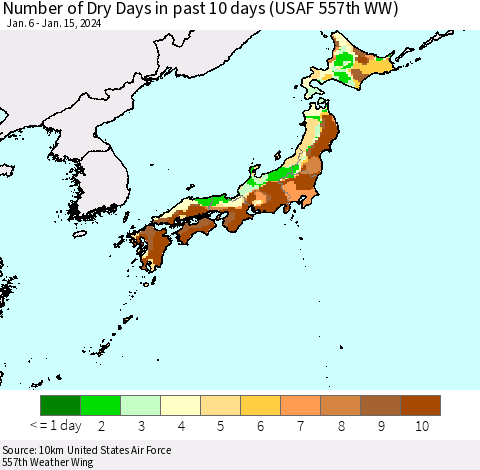 Japan Number of Dry Days in past 10 days (USAF 557th WW) Thematic Map For 1/11/2024 - 1/15/2024