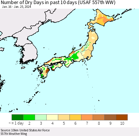 Japan Number of Dry Days in past 10 days (USAF 557th WW) Thematic Map For 1/21/2024 - 1/25/2024