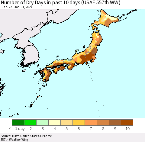 Japan Number of Dry Days in past 10 days (USAF 557th WW) Thematic Map For 1/26/2024 - 1/31/2024