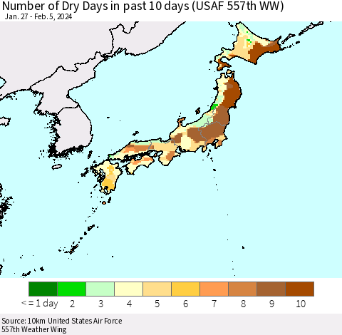 Japan Number of Dry Days in past 10 days (USAF 557th WW) Thematic Map For 2/1/2024 - 2/5/2024