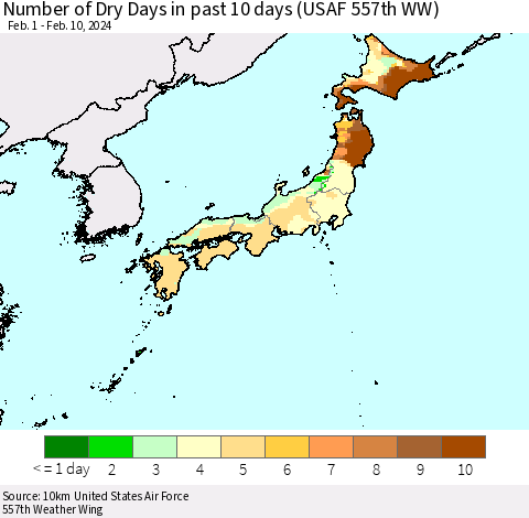 Japan Number of Dry Days in past 10 days (USAF 557th WW) Thematic Map For 2/6/2024 - 2/10/2024