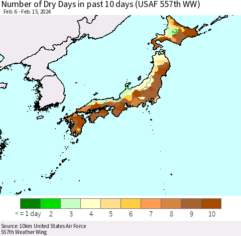 Japan Number of Dry Days in past 10 days (USAF 557th WW) Thematic Map For 2/11/2024 - 2/15/2024