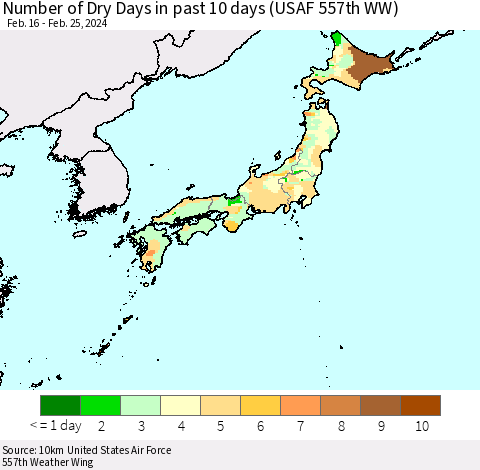 Japan Number of Dry Days in past 10 days (USAF 557th WW) Thematic Map For 2/21/2024 - 2/25/2024