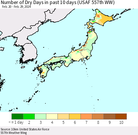 Japan Number of Dry Days in past 10 days (USAF 557th WW) Thematic Map For 2/26/2024 - 2/29/2024