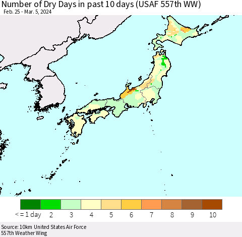 Japan Number of Dry Days in past 10 days (USAF 557th WW) Thematic Map For 3/1/2024 - 3/5/2024