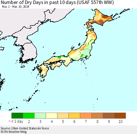Japan Number of Dry Days in past 10 days (USAF 557th WW) Thematic Map For 3/6/2024 - 3/10/2024