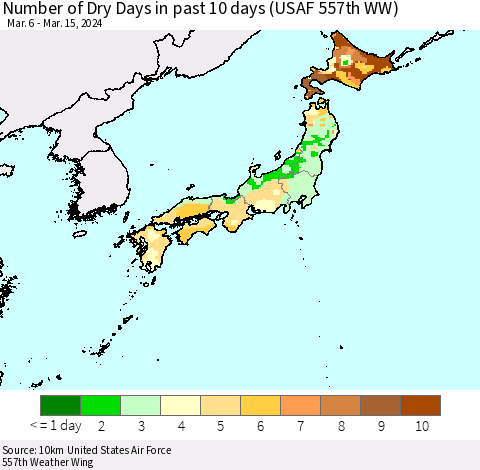 Japan Number of Dry Days in past 10 days (USAF 557th WW) Thematic Map For 3/11/2024 - 3/15/2024