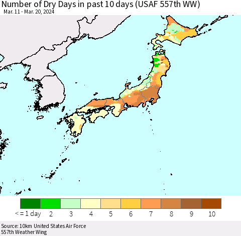 Japan Number of Dry Days in past 10 days (USAF 557th WW) Thematic Map For 3/16/2024 - 3/20/2024