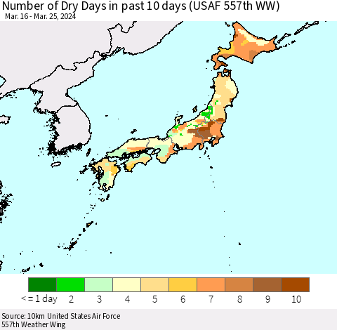 Japan Number of Dry Days in past 10 days (USAF 557th WW) Thematic Map For 3/21/2024 - 3/25/2024