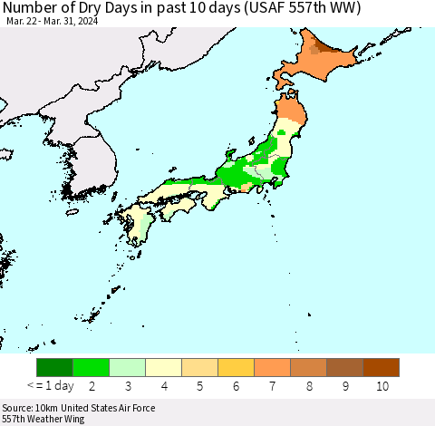 Japan Number of Dry Days in past 10 days (USAF 557th WW) Thematic Map For 3/26/2024 - 3/31/2024