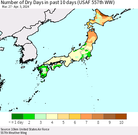 Japan Number of Dry Days in past 10 days (USAF 557th WW) Thematic Map For 4/1/2024 - 4/5/2024