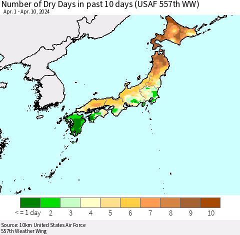 Japan Number of Dry Days in past 10 days (USAF 557th WW) Thematic Map For 4/6/2024 - 4/10/2024