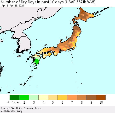 Japan Number of Dry Days in past 10 days (USAF 557th WW) Thematic Map For 4/11/2024 - 4/15/2024