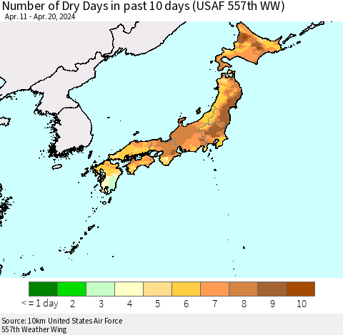 Japan Number of Dry Days in past 10 days (USAF 557th WW) Thematic Map For 4/16/2024 - 4/20/2024