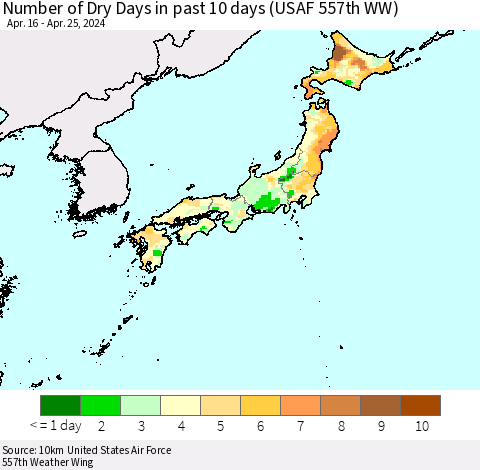 Japan Number of Dry Days in past 10 days (USAF 557th WW) Thematic Map For 4/21/2024 - 4/25/2024