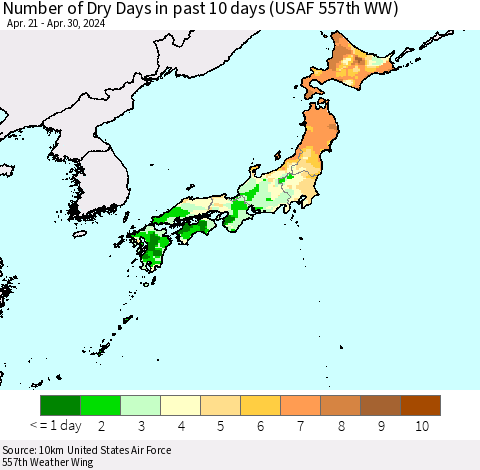 Japan Number of Dry Days in past 10 days (USAF 557th WW) Thematic Map For 4/26/2024 - 4/30/2024
