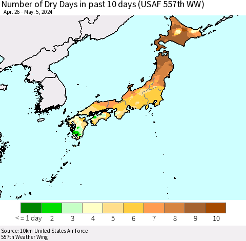 Japan Number of Dry Days in past 10 days (USAF 557th WW) Thematic Map For 5/1/2024 - 5/5/2024