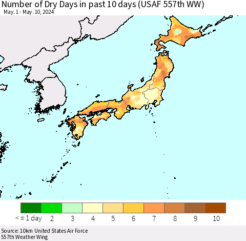 Japan Number of Dry Days in past 10 days (USAF 557th WW) Thematic Map For 5/6/2024 - 5/10/2024