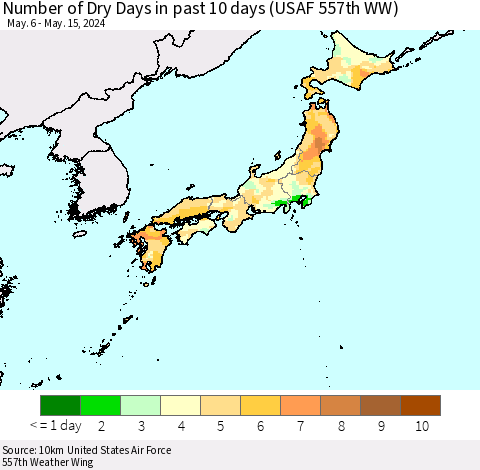 Japan Number of Dry Days in past 10 days (USAF 557th WW) Thematic Map For 5/11/2024 - 5/15/2024