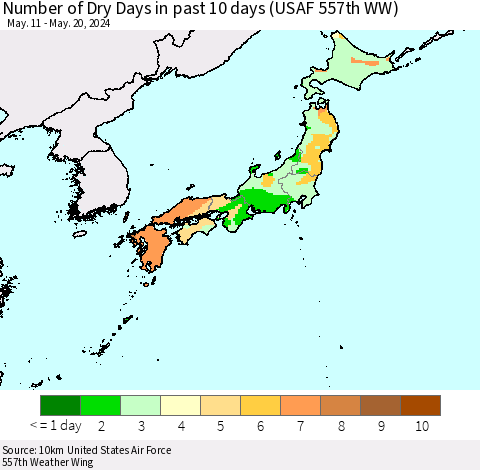 Japan Number of Dry Days in past 10 days (USAF 557th WW) Thematic Map For 5/16/2024 - 5/20/2024